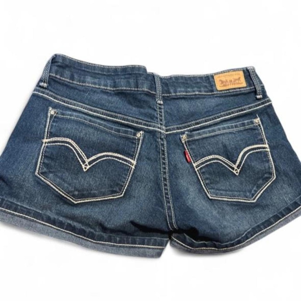 Levi's Shorty Short Denim Shorts 1 Thick White Stitch Rhinestone Y2K Dark Wash